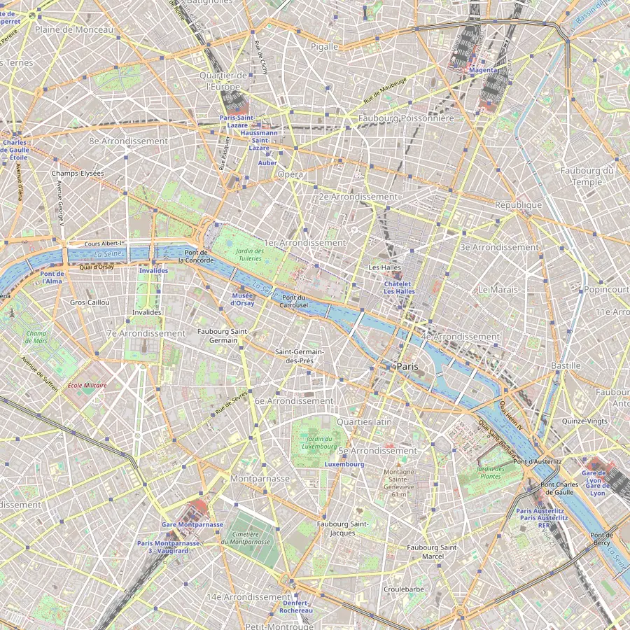 Map of central Paris along the Seine with the Pont Alexandre III, the Grand Palais, the Pont de la Concorde, the Musée d'Orsay, the Louvre, the Pont des Arts, the Pont Neuf, Notre-Dame, the Pont de l'Archevêché and the Pont de Sully
