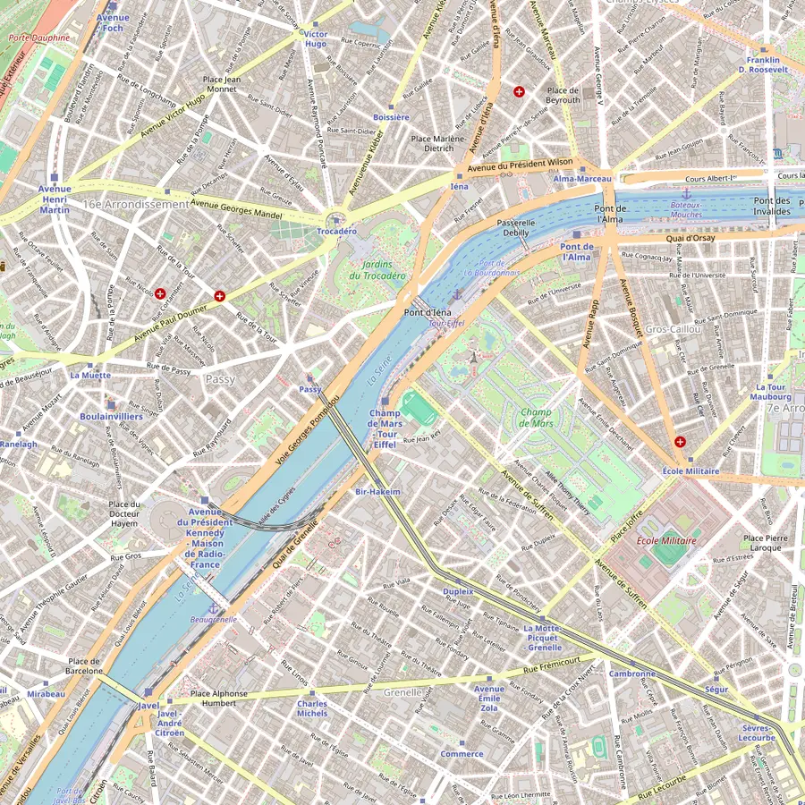 Map of the Seine in western Paris with the Liberty statue on the Île aux Cygnes, the Pont de Bir-Hakeim, the Eiffel Tower, Port de Suffren, the Pont d'Iéna and the Pont de l'Alma